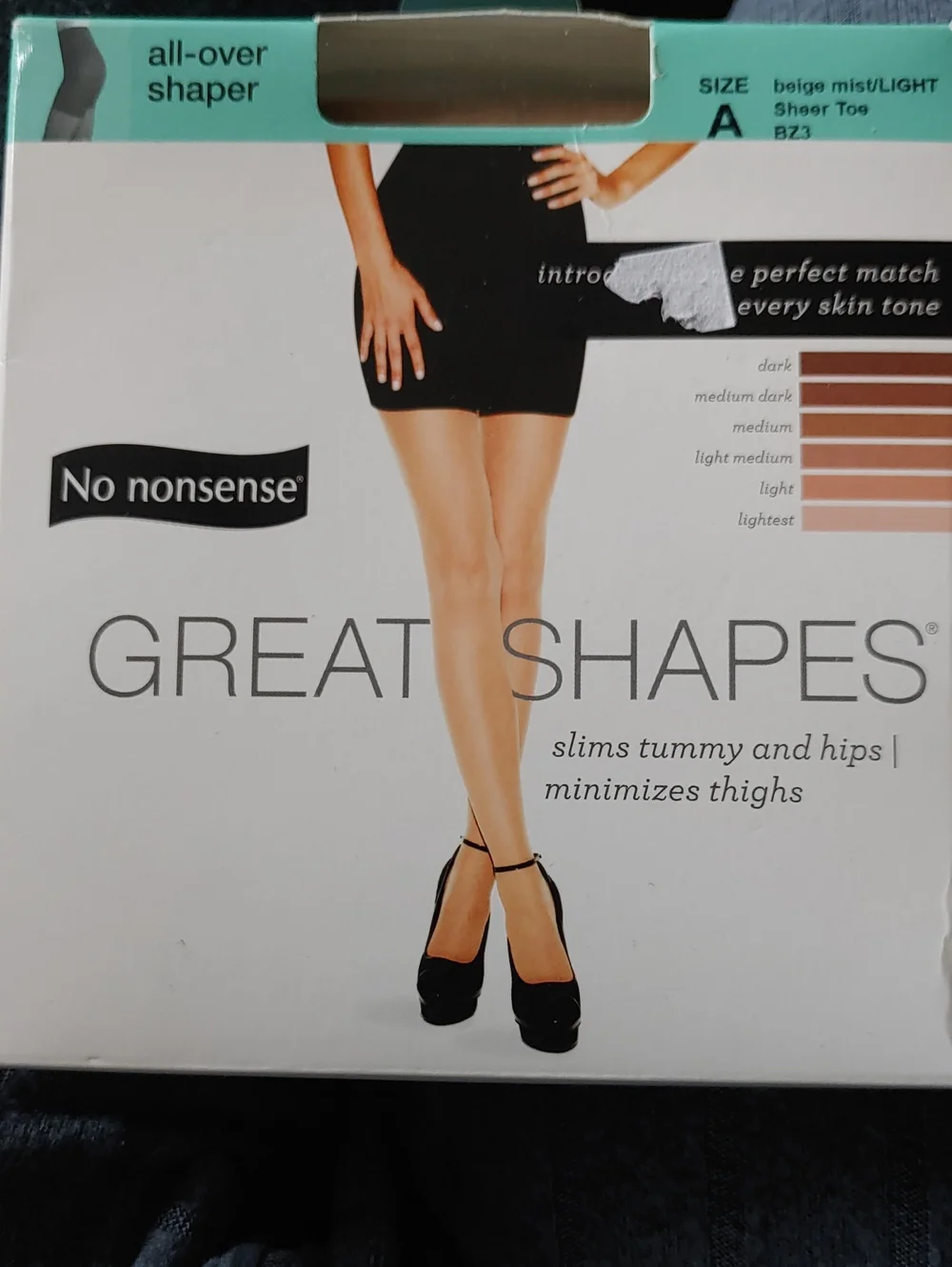 NWT No Nonsense Great Shapes Sz A Beige Mist Dash Light Sheer Toe Pantyhose